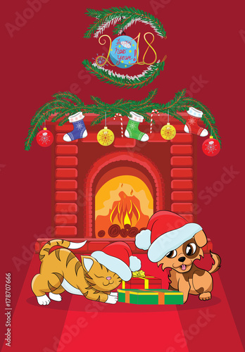 Векторное новогоднее изображение украшенный камин, собака и кот с подарками