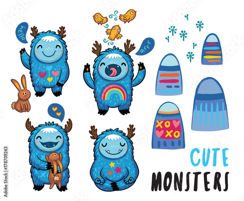 Cute monsters friendly stickers set. Vector illustration