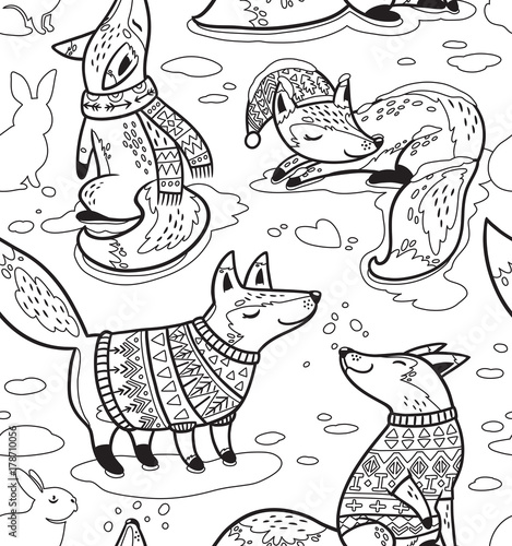 Ink snowy seamless pattern with cartoon foxes in cozy sweaters.