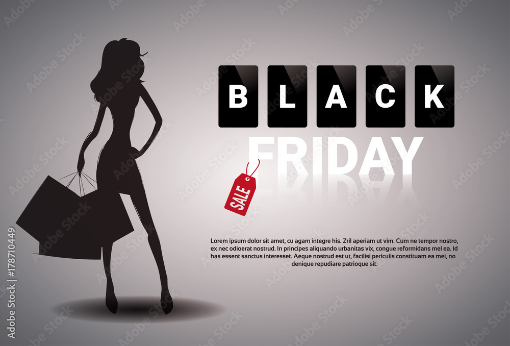 Black Friday Sale Banner Design With Silhouette Female Holding Shopping Bags On Background Holiday Discount Poster With Copy Space Vector Illustration Black Friday Sale Banner Design With Silhouette Female Holding Shopping Bags On Background Holiday Discount Poster With Copy Space Vector Illustration