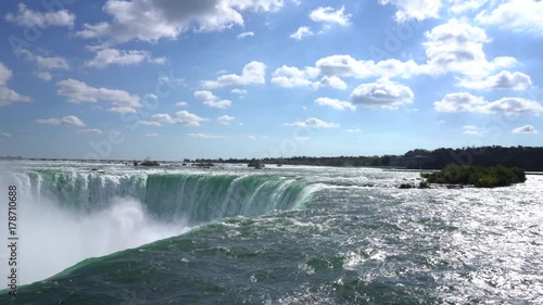 Static tripod wide angle shot of the impressive and massive water fall Niagara Falls shot from the canadian side faceing USA in 4K photo