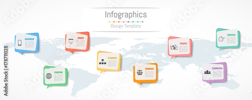 Infographic design for your business data with 8 options, parts, steps, timelines or processes. Communication network concept, Vector Illustration. World map of this image furnished by NASA