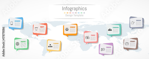 Infographic design for your business data with 10 options, parts, steps, timelines or processes.  Communication network concept,  Vector Illustration. World map of this image furnished by NASA