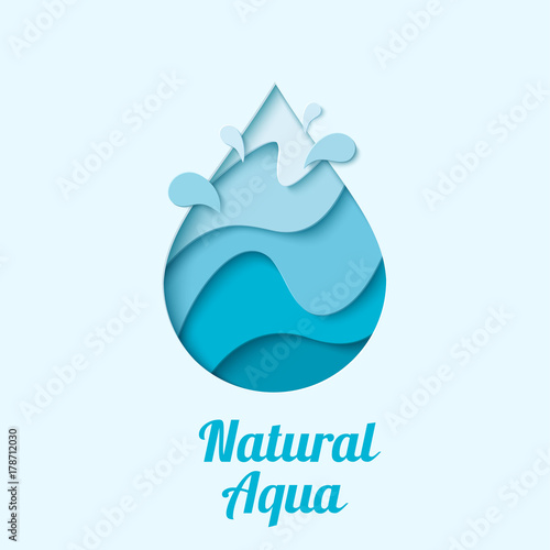 Natural aqua - water drop logo design template. Vector abstract waterdrop with splash paper cut style logotype. Save water - ecology concept