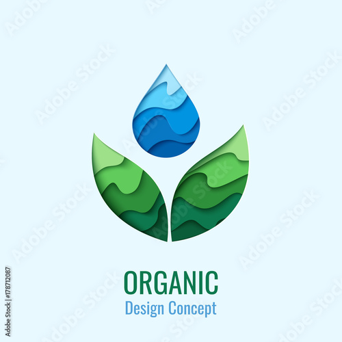 Organic Product - vector abstract background with paper cut water drop and green leaves. Ecology concept symbol. Creative logo design