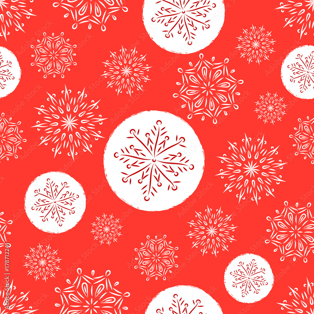 Seamless Christmas pattern. Red Christmas gifts and snowflakes on