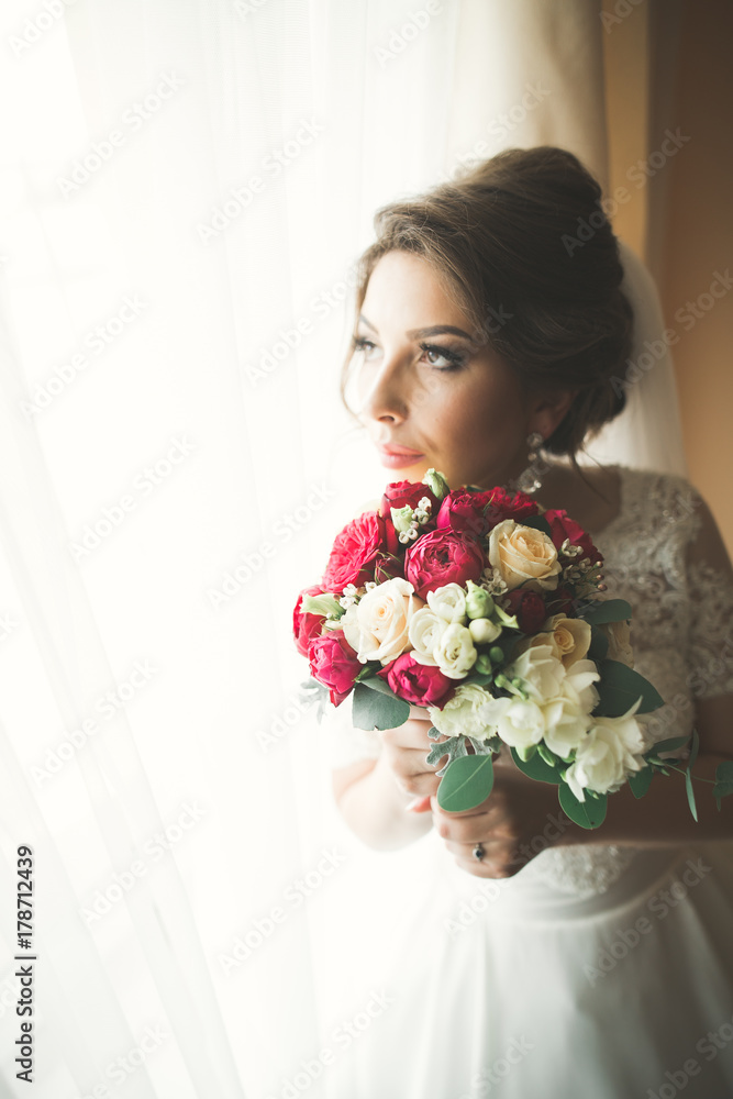 Portrait of beautiful bride with fashion veil at wedding morning Portrait of beautiful bride with fashion veil at wedding morning