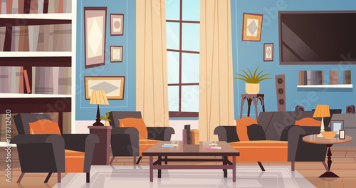 Cozy Living Room Interior Design With Modern Furniture, Window, Sofa, Table Armchairs, Bookcase And Tv Flat Vector Illustration