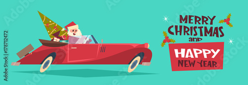Merry Christmas And Happy New Year Poster Background Santa Driving Retro Car With Green Tree And Presents Horizontal Banner Flat Vector Illustration