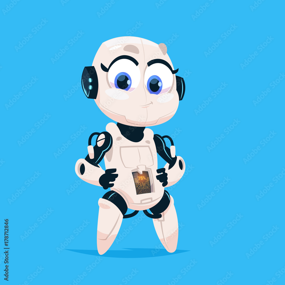 Cute Robot Girl Happy Smiling Isolated Icon On Blue Background Modern Technology Artificial Intelligence Concept Flat Vector Illustration