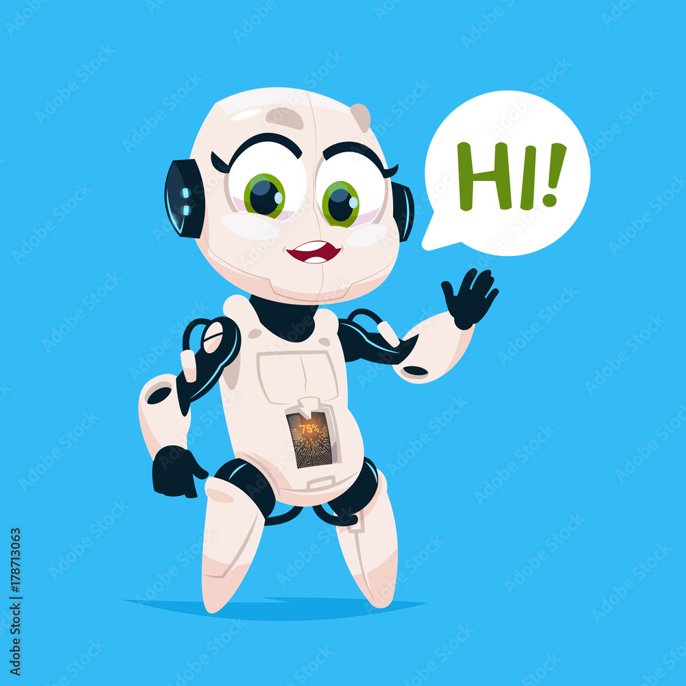 Cute Robot Girl Say Hi Isolated Icon On Blue Background Modern Technology Artificial Intelligence Concept Flat Vector Illustration Cute Robot Girl Say Hi Isolated Icon On Blue Background Modern Technology Artificial Intelligence Concept Flat Vector Illustration