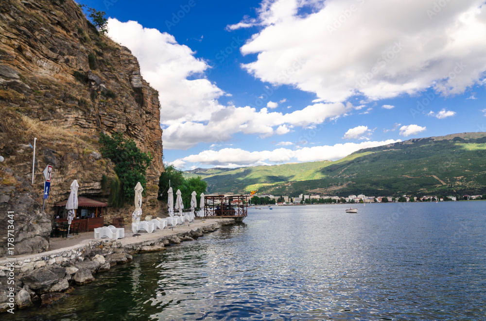 Ohrid Lake and the beaches around the lake with the background scene of Ohrid Town 