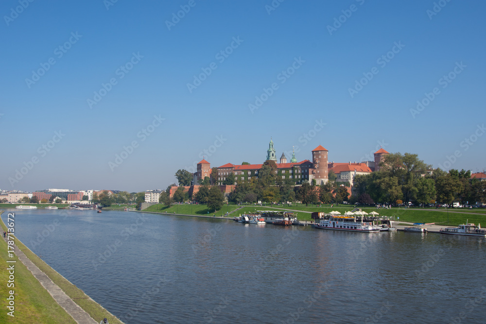 Krakow, Poland 01/10/2017 People walking by the Vistula River with a Panoramic View