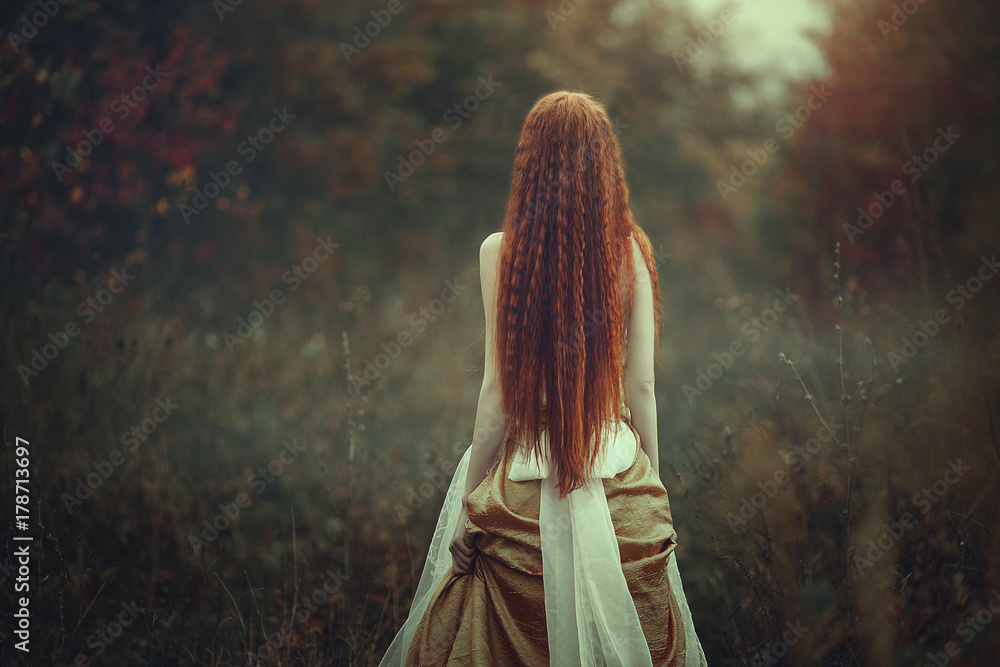 Naklejka premium A beautiful young woman with very long red hair as a witch walks through the autumn forest. Back view.