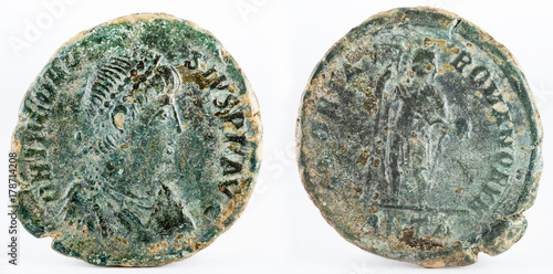 Ancient Roman copper coin of Theodosius.