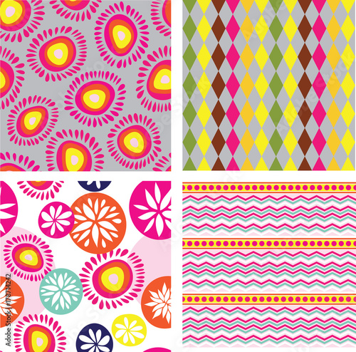 Set a four vibrant colourful abstract geometric patterns with circles flowers zigzag dots in pink, yellow, purple, grey, orange and brown, cheerful retro and groovy