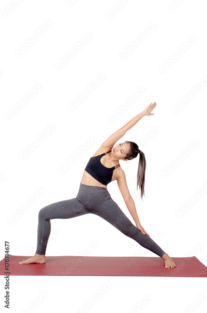 young asian woman doing yoga in Viparita Virabhadrasana or Reverse Warrior pose on mat isolated on white background, exercise fitness, sport training, healthy lifestyle concept