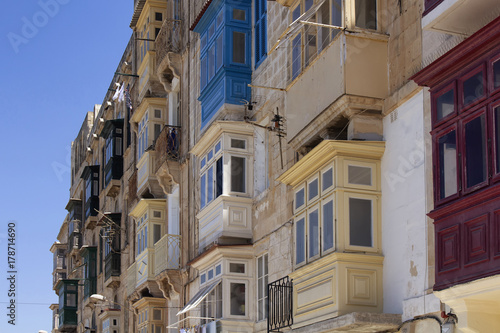 Close up view of old, historical buildings in Valletta / Malta. Image shows architectural style of the city and lifestyle. It's the capital of the Mediterranean island nation of Malta. © theendup