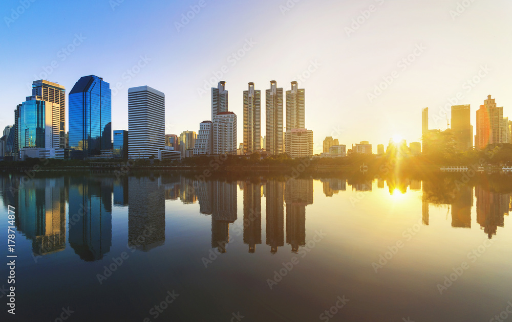 amazing impressive cityscape with beautiful sunrise and skyscraper in downtown with skyline at morning freshness new day concept.