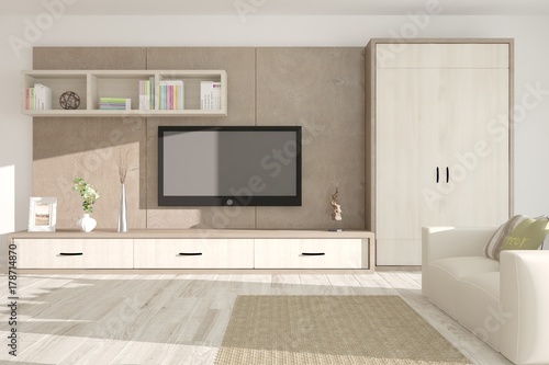 Idea of white minimalist room with sofa and tv. Scandinavian interior design. 3D illustration © AntonSh