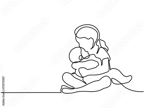 Continuous line drawing. Happy toddler girl playing with her newborn baby brother. Vector illustration