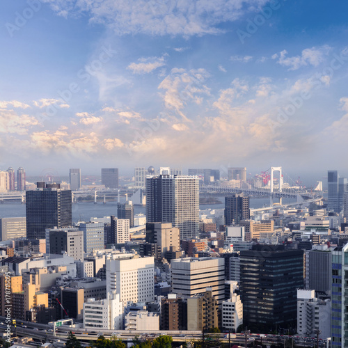 Aerial skyscraper view of office building and downtown and cityscapes of Tokyo city with blue sly and clouds background. Japan, Asia