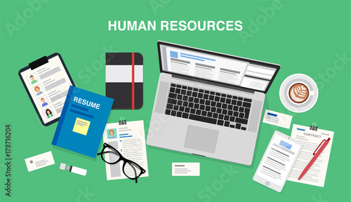 Human resources, top view of a desk with a computer, notepad, resume, smartphone, pens and pencils. Vector illustration in flat style, template for business