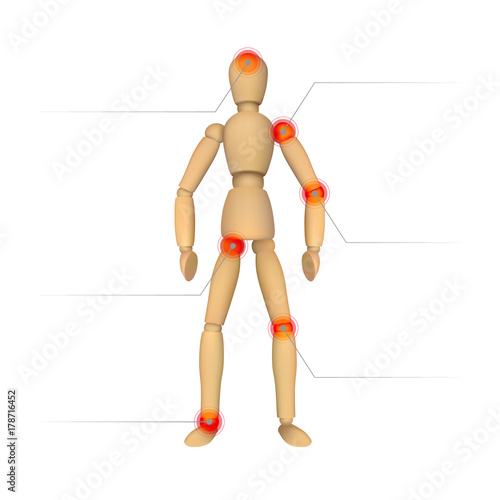 Pain infographics. Wooden female or male mannequin for drawing and place for your text. Realistic vector illustration isolated on white background. Perfect to use for your web site or publications