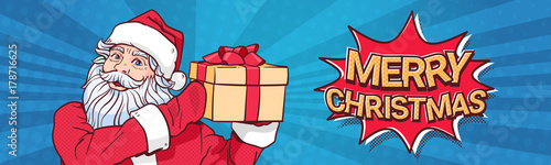 Santa Claus Hold Gift Box Over Pop Art Comic Background Merry Christmas Sticker Horizontal Poster Design Vector Illustration