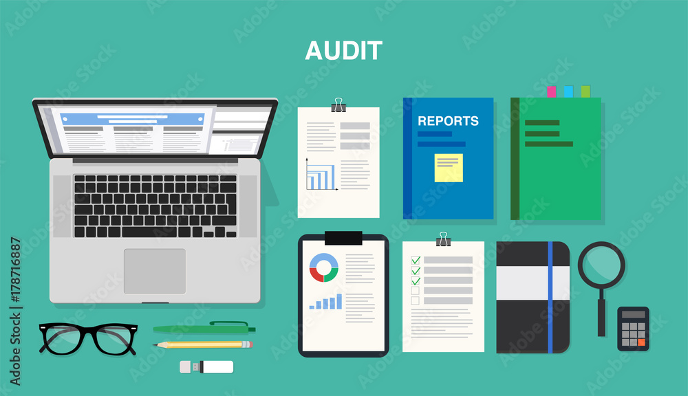 Audit, top view of a desk with a computer, notepad, documents, reports, smartphone, pens and pencils. Vector illustration in flat style, template for business