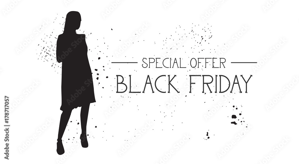 Black Friday Special Offer Banner With Grunge Rubber Fashion Model Female Silhouette On White Background Vector Illustration