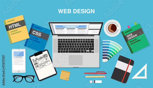 Web design, top view of a desk with a computer, notepad, design books, color palette, smartphone, pens and pencils. Vector illustration in flat style, template for business