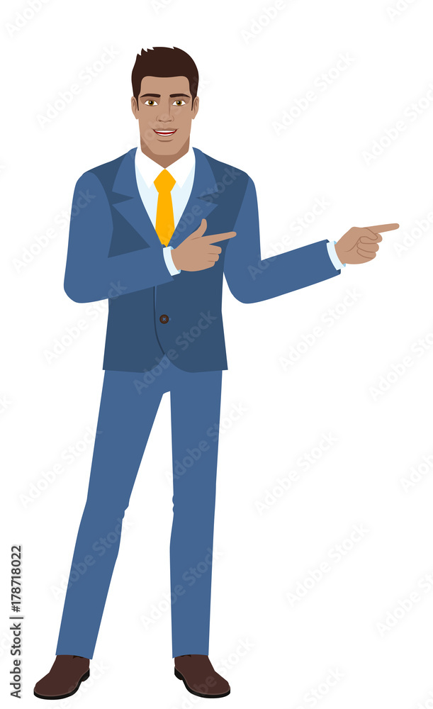 Businessman showing something beside of him Businessman showing something beside of him