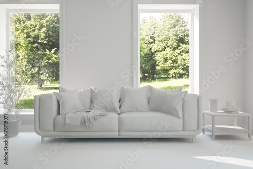 Idea of white room with sofa and summer landscape in window. Scandinavian interior design. 3D illustration