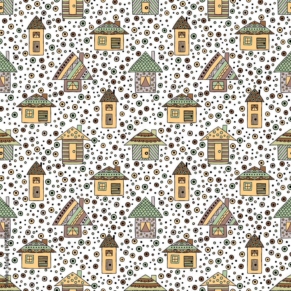 Vector hand drawn seamless pattern, decorative stylized childish houses Doodle style, graphic illustration Ornamental cute hand drawing in brown colors. Series of doodle, cartoon, sketch illustrations