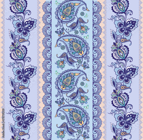Luxury oriental striped seamless ornament with paisley. Blue seamless paisley pattern. Floral wallpaper. Decorative ornament for fabric, textile, wrapping paper.