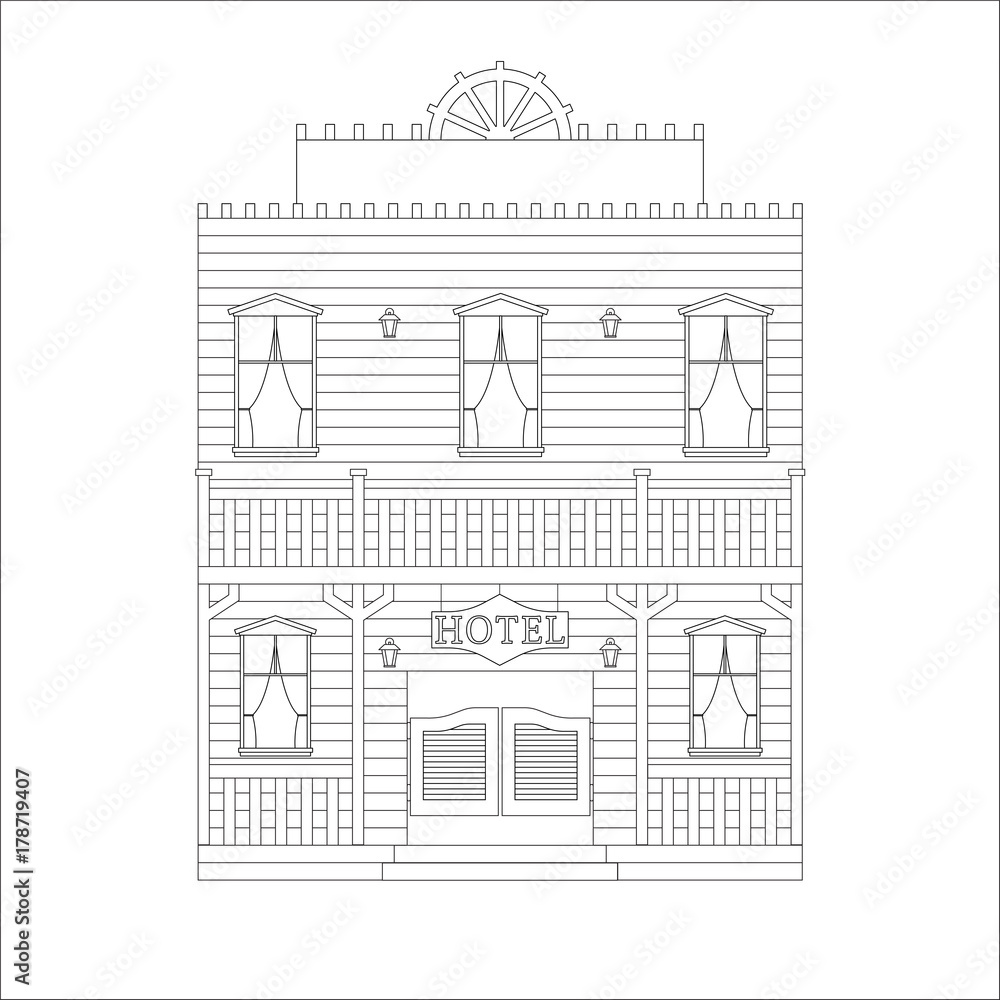 Hotel in the wild west on isolated white background. Children's coloring. Vector illustration
