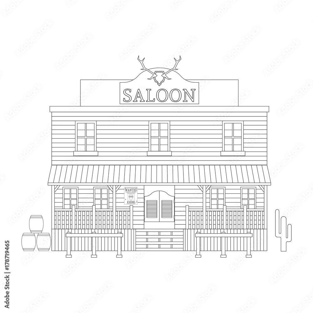 Bar in the wild west on isolated white background. Children's coloring. Vector illustration