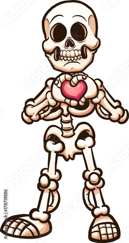 Cartoon skeleton making a heart with its hands. Vector clip art illustration with simple gradients. All in a single layer.