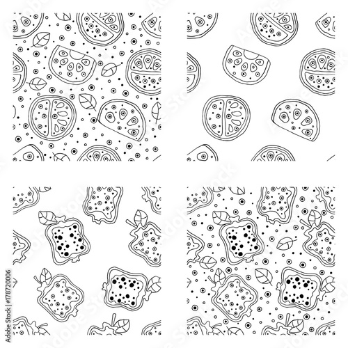 Set of seamless vector hand drawn childish patterns with fruits. Cute childlike orange, pomegranate with leaves, seeds, drops. Doodle, sketch, cartoon style background. Line drawing