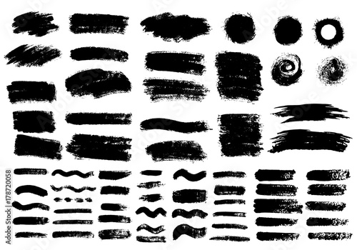Painted grunge stripes set. Black labels, background, paint texture. Brush strokes vector. Handmade design elements. © artemisia1508