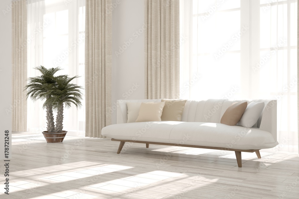 Idea of white minimalist room with sofa. Scandinavian interior design. 3D illustration Idea of white minimalist room with sofa. Scandinavian interior design. 3D illustration