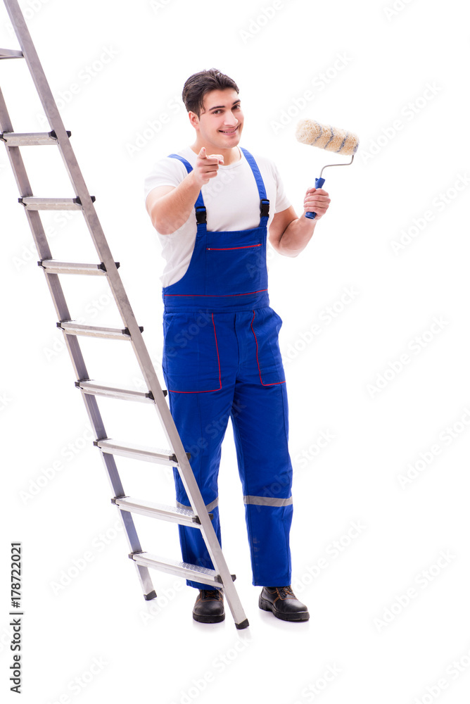 Young painter man with ladder isolated on white background Young painter man with ladder isolated on white background