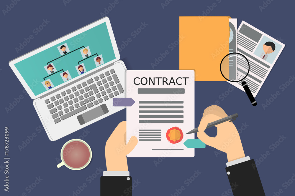 employee contract about to sign in the human resources recruiter office. on the table there is a folder with resumes and magnifying glass, there is also a computer with an organizational tree. employee contract about to sign in the human resources recruiter office. on the table there is a folder with resumes and magnifying glass, there is also a computer with an organizational tree.