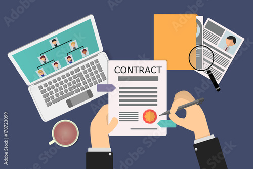 employee contract about to sign in the human resources recruiter office. on the table there is a folder with resumes and magnifying glass, there is also a computer with an organizational tree.