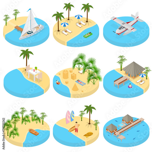 Beach Vacation Set Icons 3d Isometric View. Vector