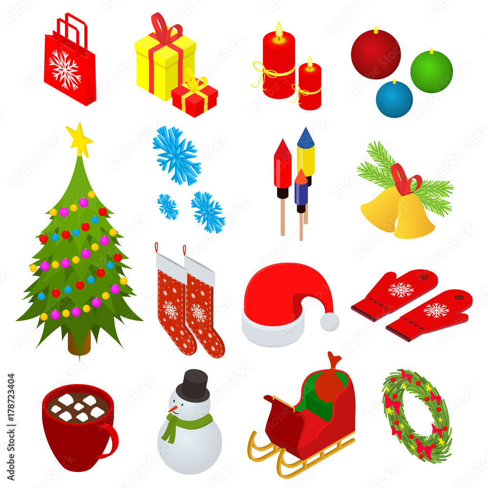 Christmas Celebration Set Icons 3d Isometric View. Vector