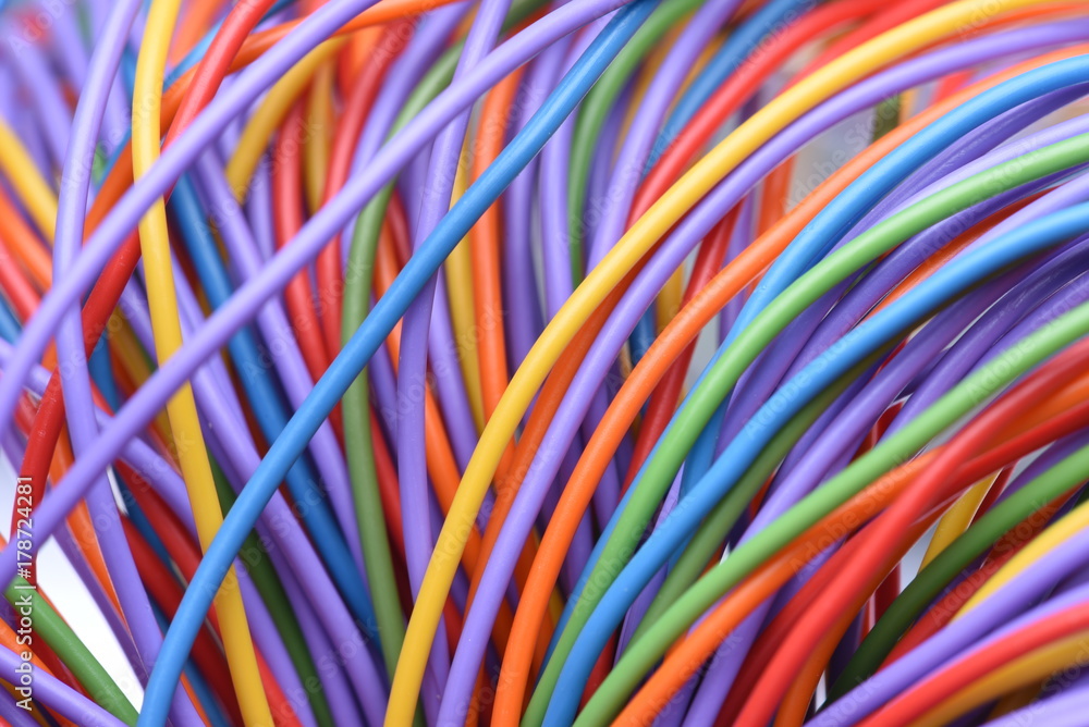 Colorful electrical wires and cables closeup