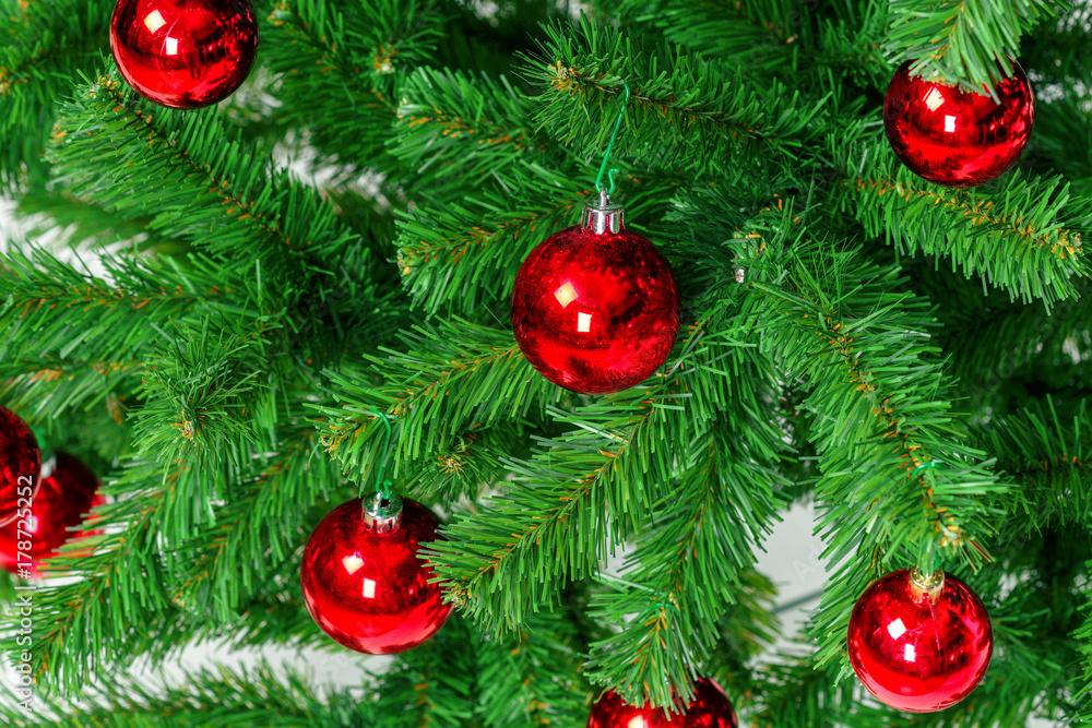 Christmas tree with ornaments, close-up Christmas tree with ornaments, close-up