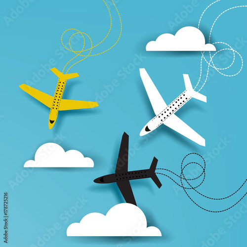 Paper art travel background. Paper cutout airplanes on sky blue background with shadow, trail and paper clouds. Vector illsutration, 3d effect